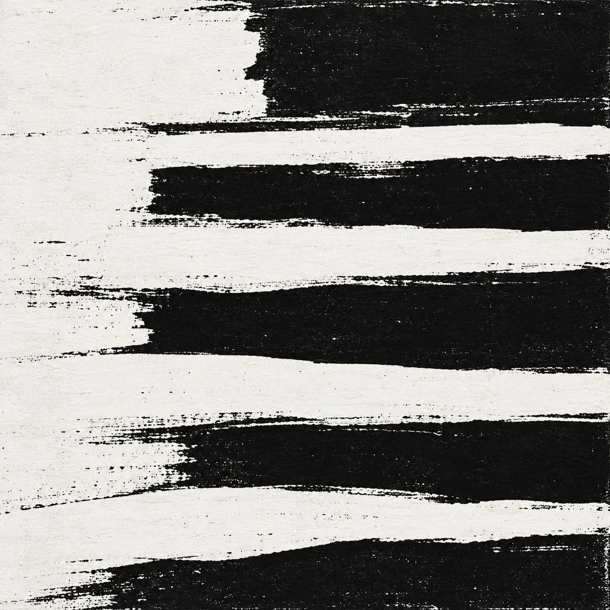 A stripe study with uneven hand-painted edges in white, black, charcoal, cream; square artwork.