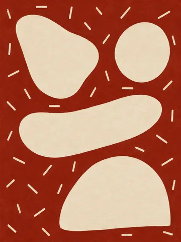 A field of short dashes in three directions in rust, cream, blush; portrait artwork.