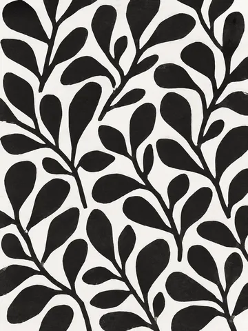 A hand-blocked repeat of small leaves, imperfect registration in black, white, gray, cream; portrait artwork.