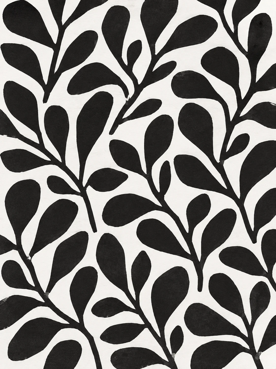 A hand-blocked repeat of small leaves, imperfect registration in black, white, gray, cream; portrait artwork.