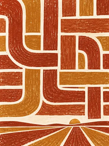 A woven lattice drawn by hand in red, terracotta, white, ochre; portrait artwork.