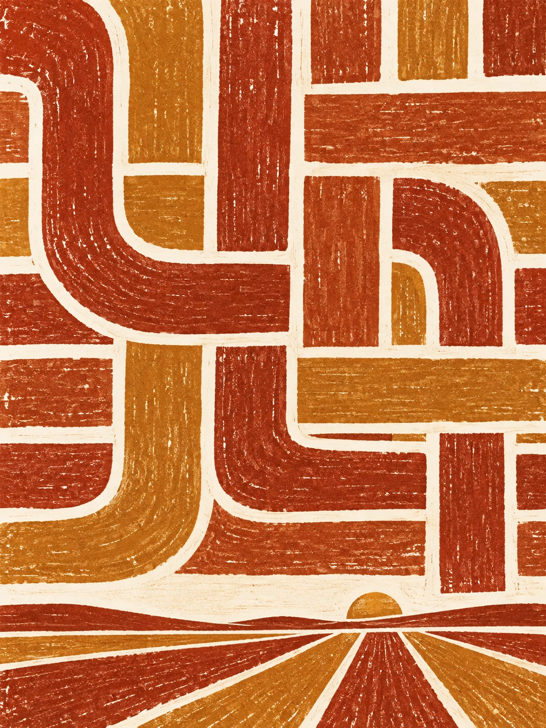 A woven lattice drawn by hand in red, terracotta, white, ochre; portrait artwork.