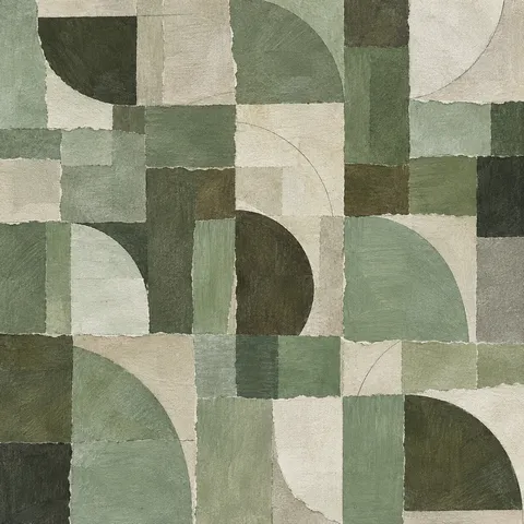 A tile pattern of quarter circles in sage, olive, stone, cream; square artwork.