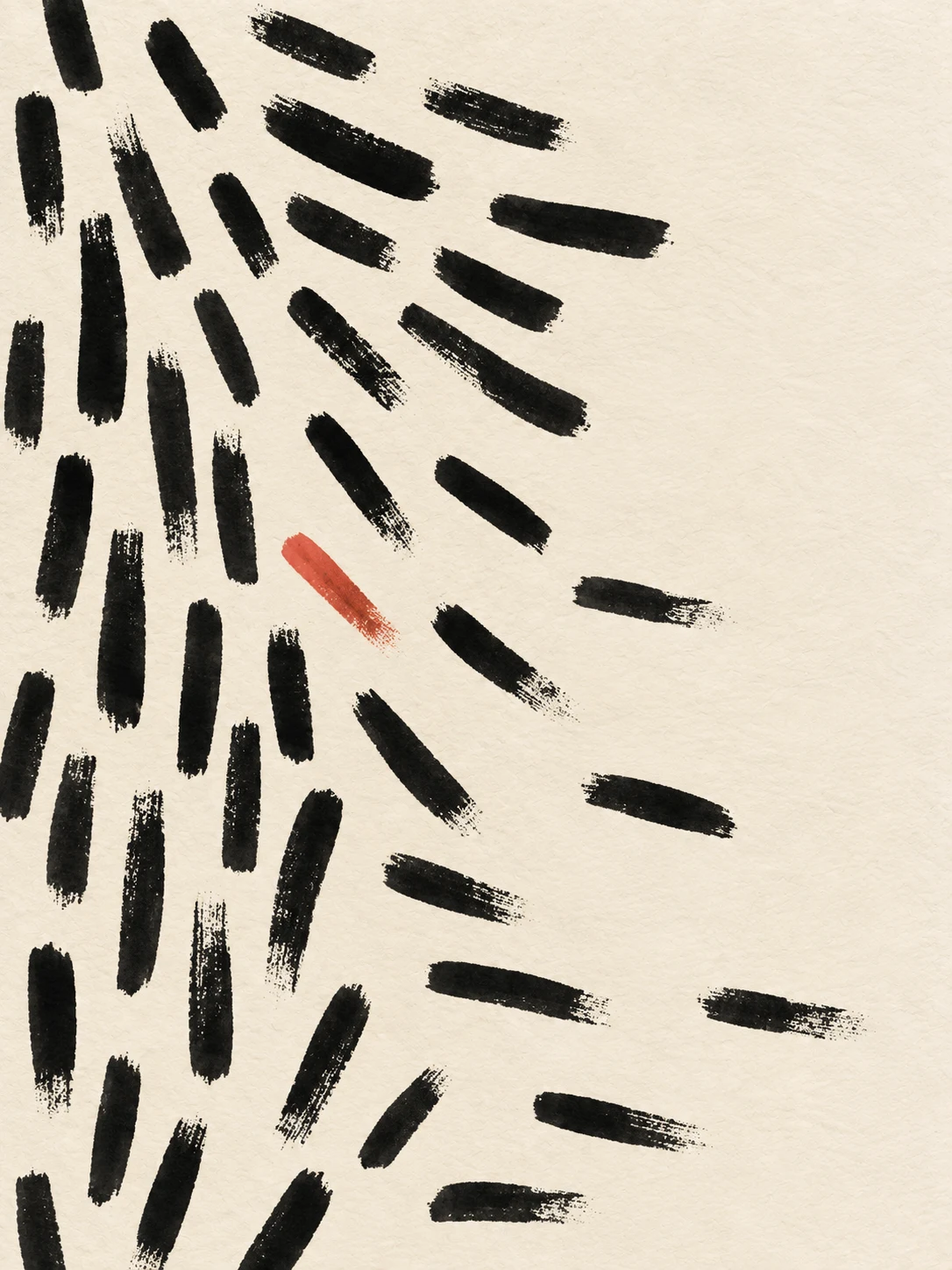 A field of short dashes in three directions in cream, black, white, charcoal; portrait artwork.