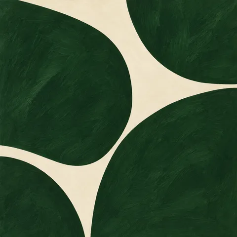 Overlapping arcs like fish scales in forest green, cream, black; square artwork.