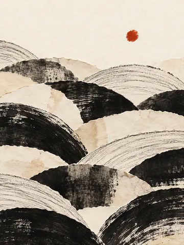 Overlapping arcs like fish scales in cream, black, white, stone; portrait artwork.