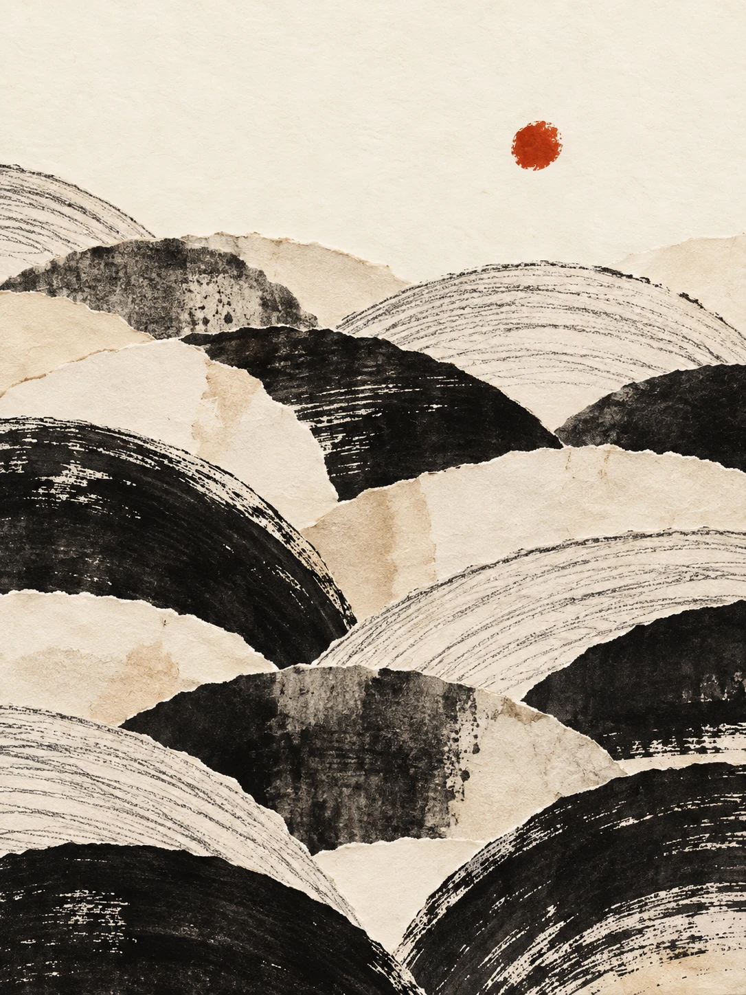 Overlapping arcs like fish scales in cream, black, white, stone; portrait artwork.