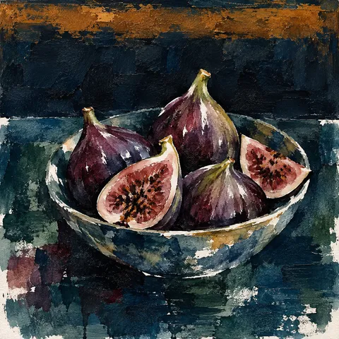 A bowl of figs in black, navy, olive, brown; square artwork.