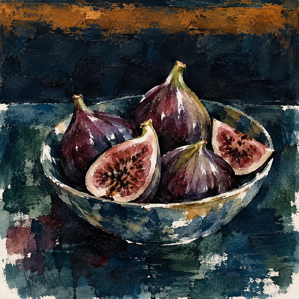 A bowl of figs in black, navy, olive, brown; square artwork.
