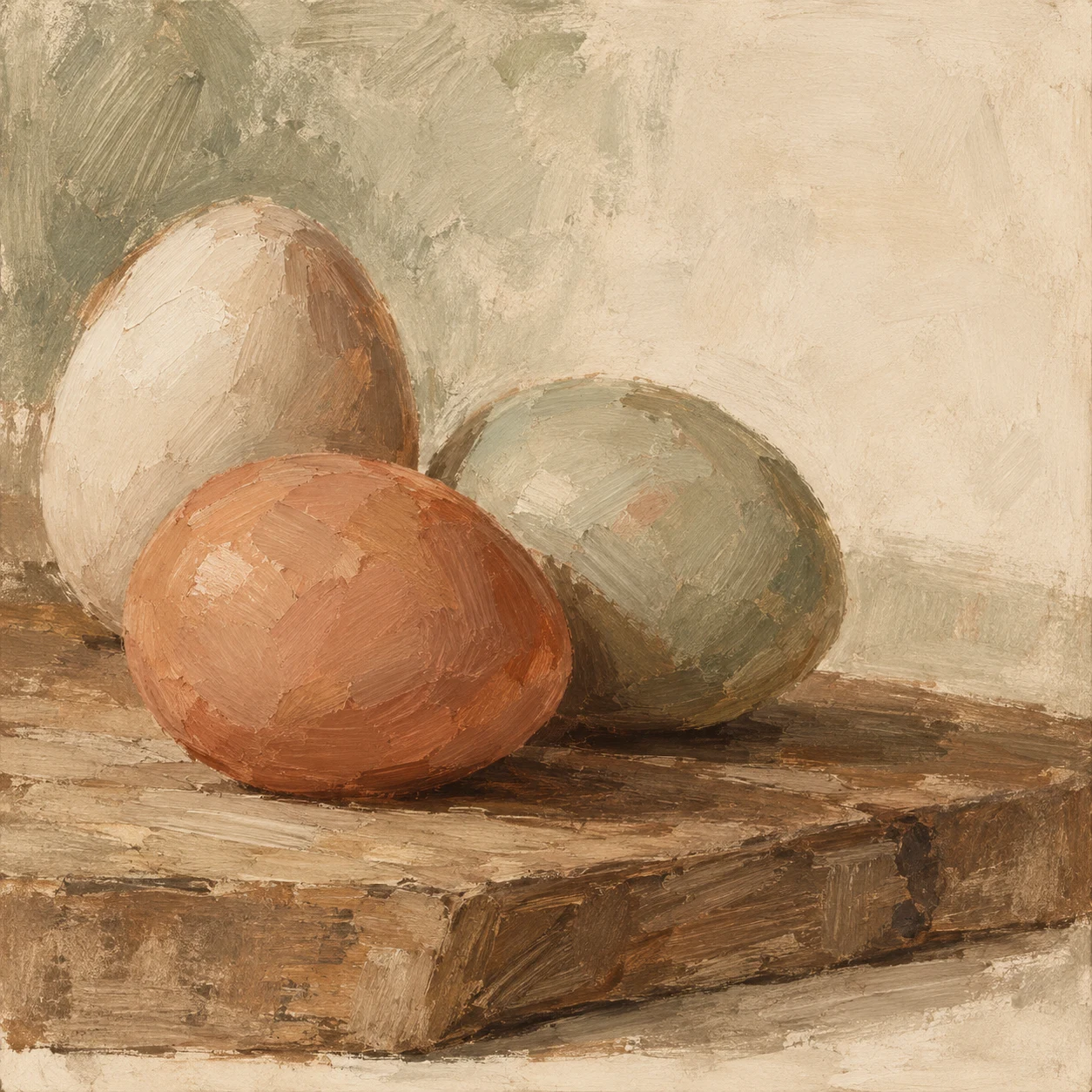 Three eggs on a wooden board in cream, terracotta, sand, taupe; square artwork.
