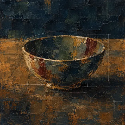 A single bowl on a plain table in black, burgundy, brown, charcoal; square artwork.