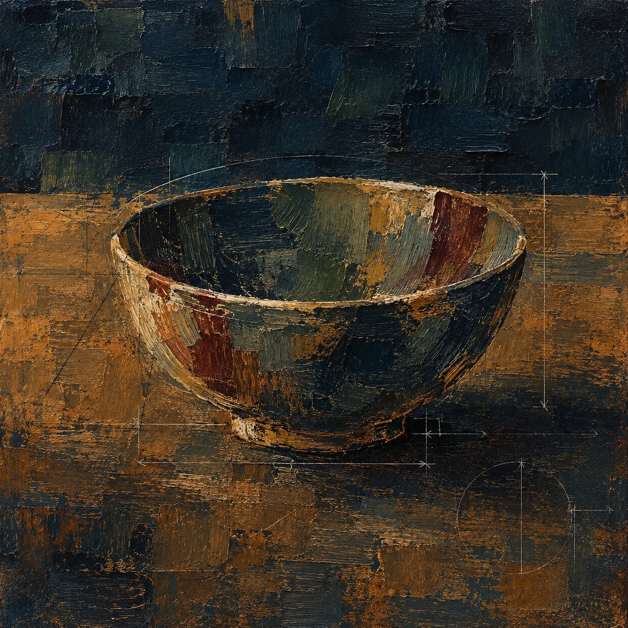 A single bowl on a plain table in black, burgundy, brown, charcoal; square artwork.