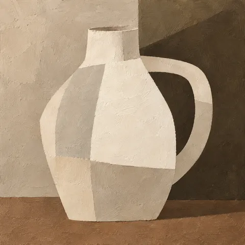 A single white jug against a shadowed wall in sand, olive, cream, burgundy; square artwork.