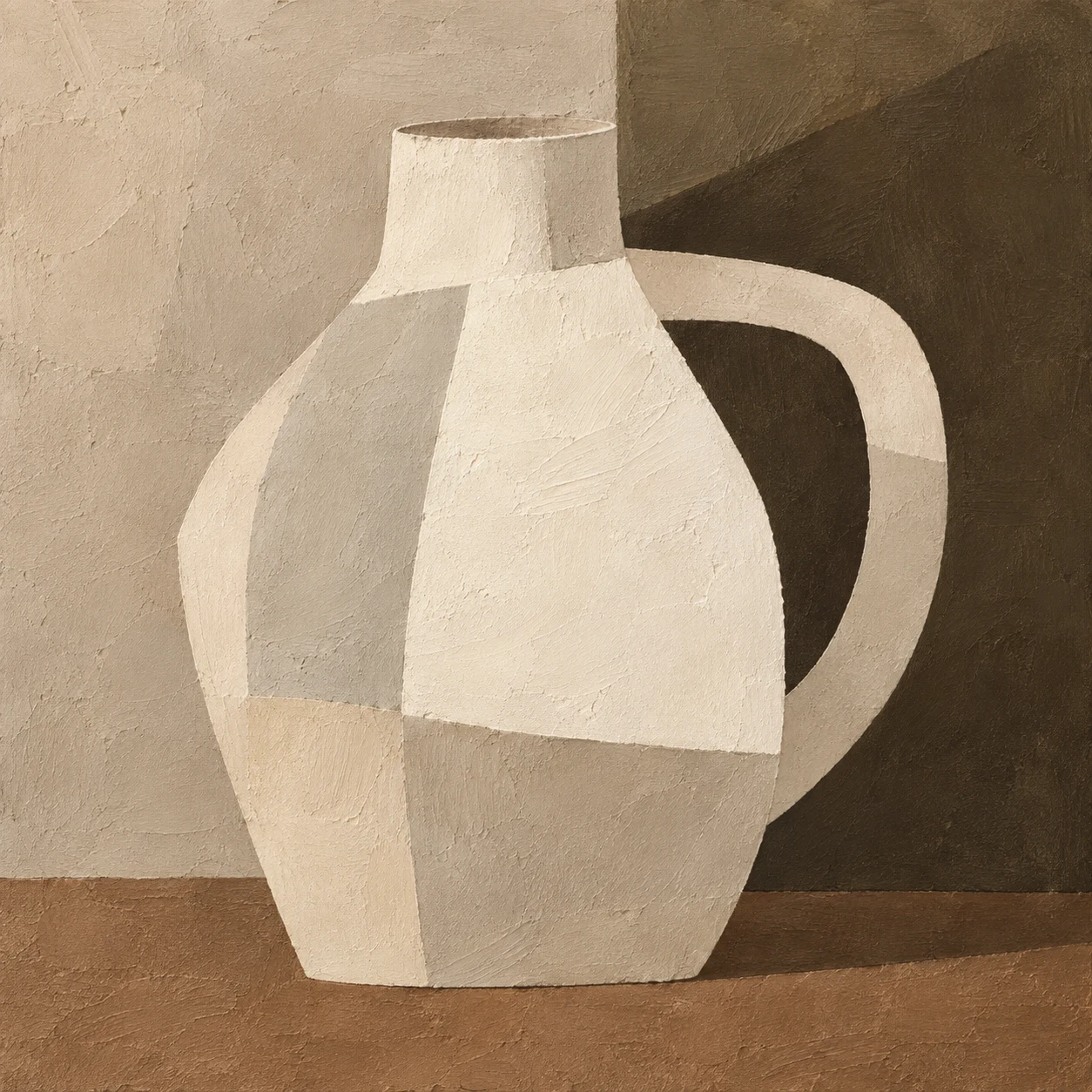A single white jug against a shadowed wall in sand, olive, cream, burgundy; square artwork.