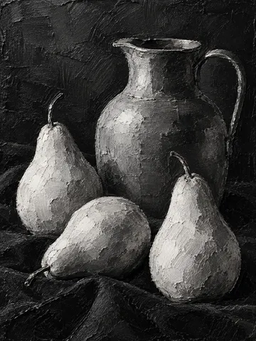 Three pears and a pewter jug on a dark cloth in black, charcoal, stone; portrait artwork.