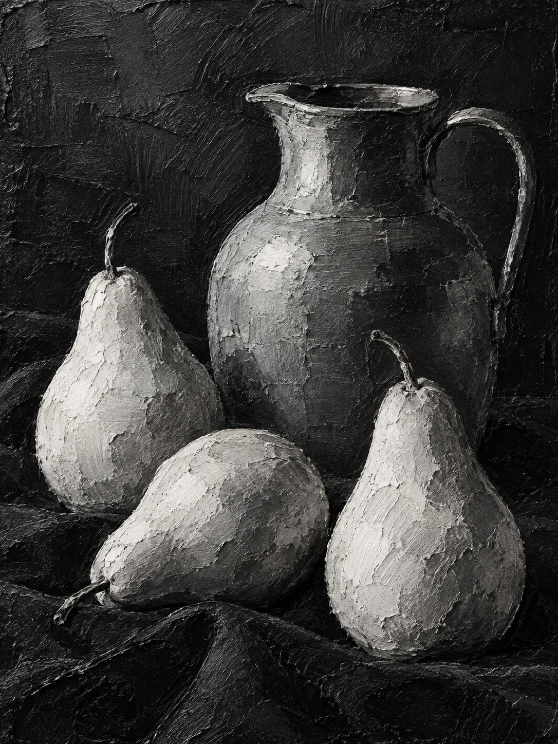 Three pears and a pewter jug on a dark cloth in black, charcoal, stone; portrait artwork.