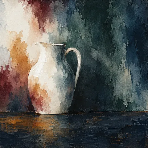 A single white jug against a shadowed wall in black, charcoal, cream, olive; square artwork.