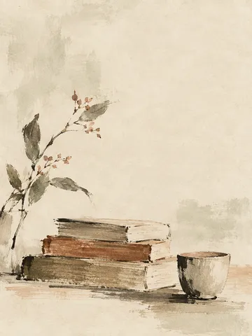 A stack of three books and a cup in cream, taupe, stone; portrait artwork.