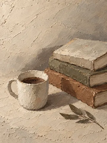 A stack of three books and a cup in stone, sand, taupe, cream; portrait artwork.