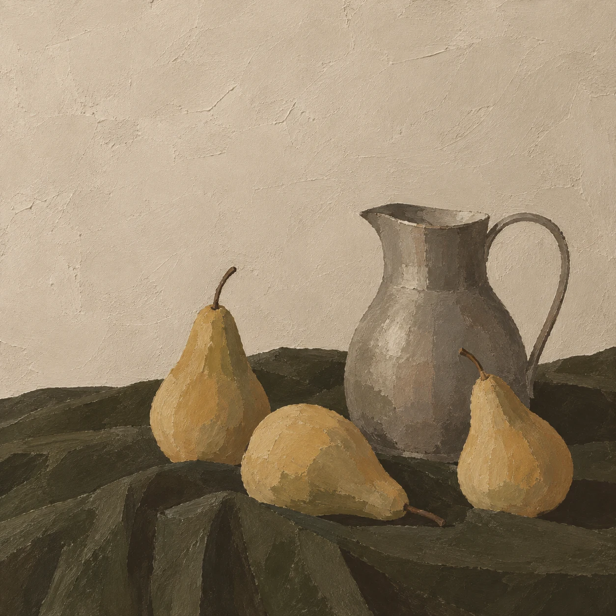 Three pears and a pewter jug on a dark cloth in stone, charcoal, sand, forest green; square artwork.