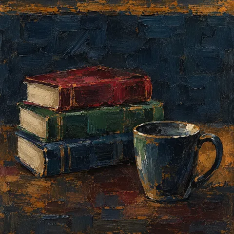A stack of three books and a cup in black, charcoal, forest green, olive; square artwork.