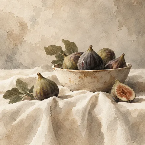 A bowl of figs in sand, cream, stone, taupe; square artwork.