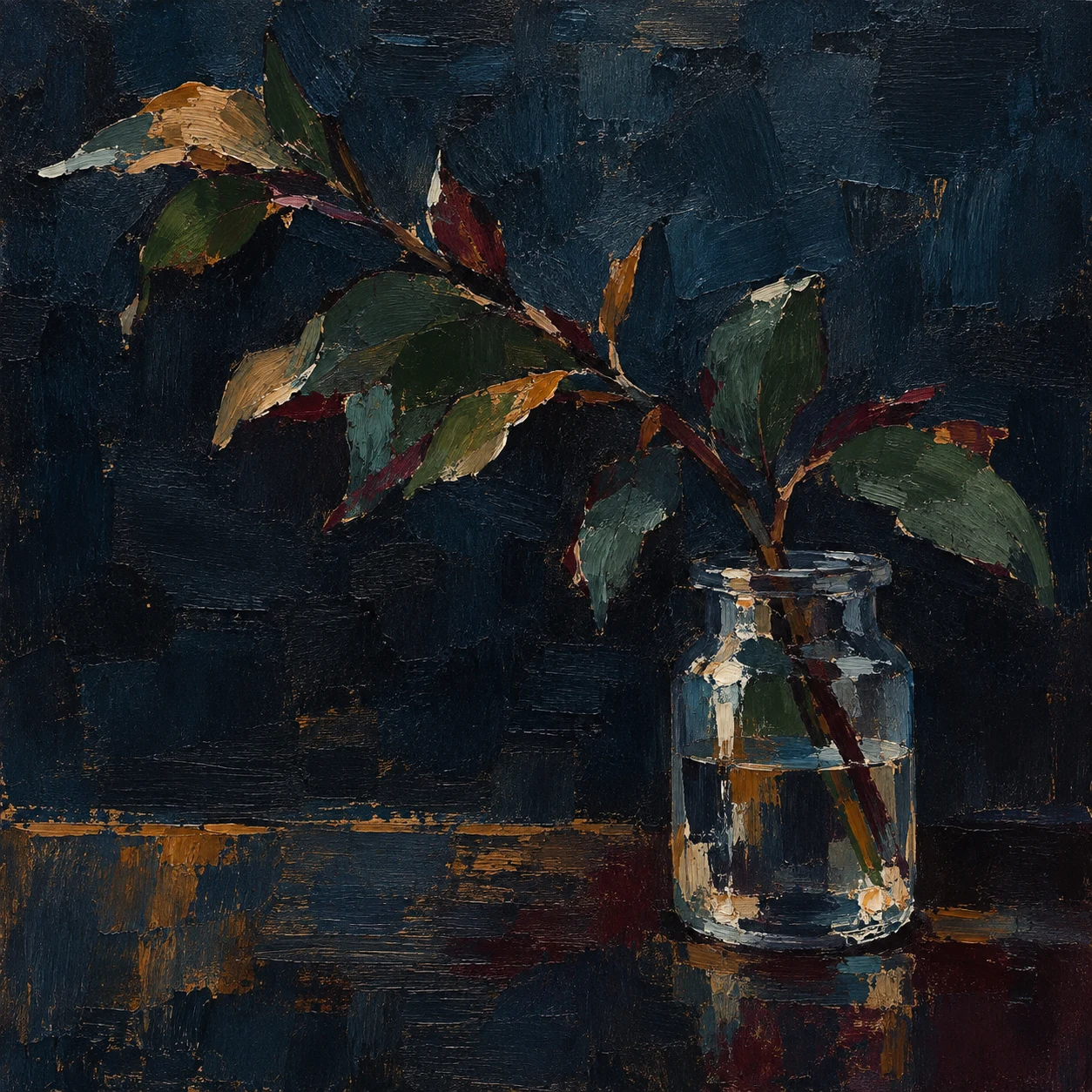 A branch in a glass jar in black, charcoal; square artwork.