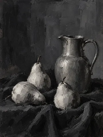 Three pears and a pewter jug on a dark cloth in black, charcoal, gray; portrait artwork.