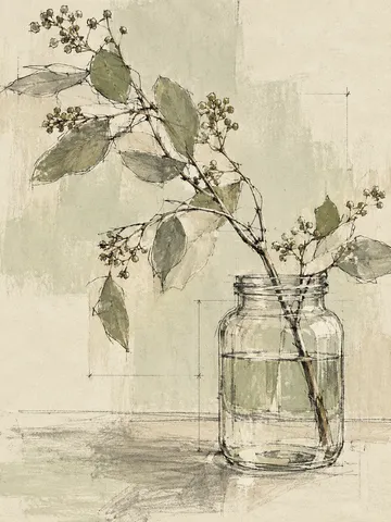 A branch in a glass jar in cream, stone, sand, taupe; portrait artwork.