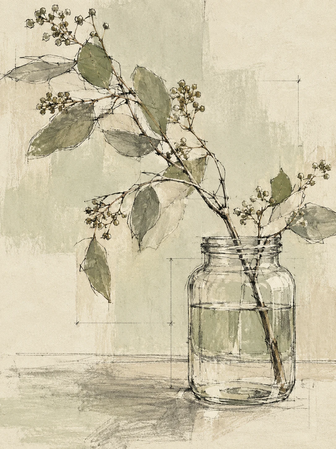 A branch in a glass jar in cream, stone, sand, taupe; portrait artwork.
