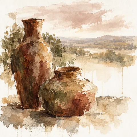 Two clay vessels, one tall one squat in white, cream, stone, burgundy; square artwork.