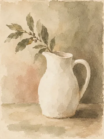 A single white jug against a shadowed wall in cream, sand, sage, stone; portrait artwork.