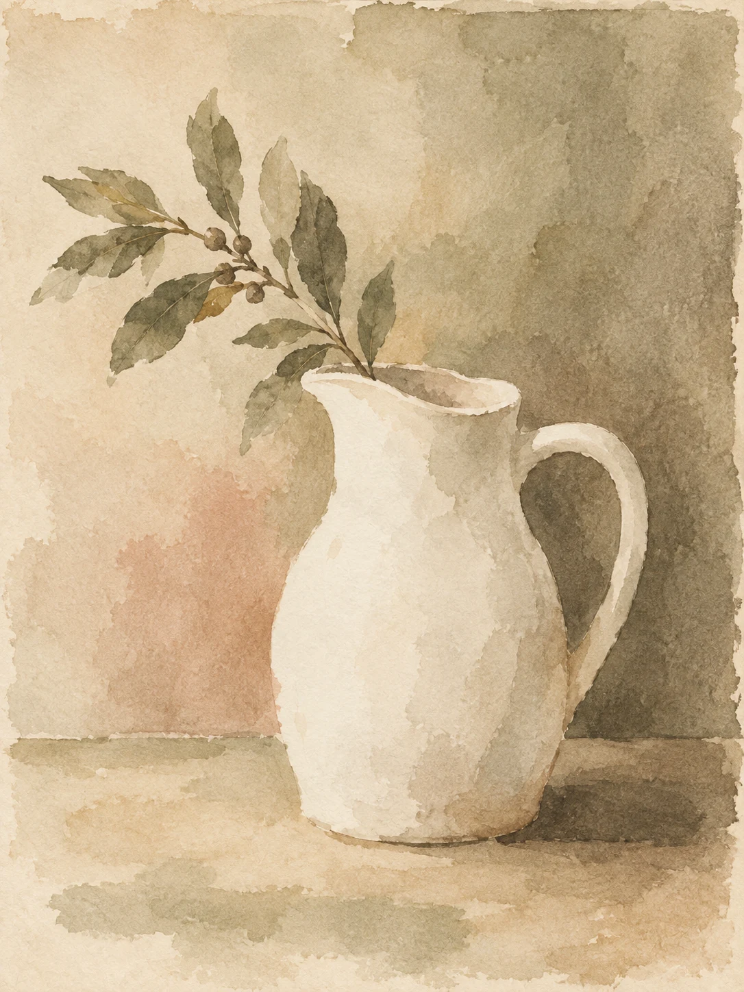 A single white jug against a shadowed wall in cream, sand, sage, stone; portrait artwork.