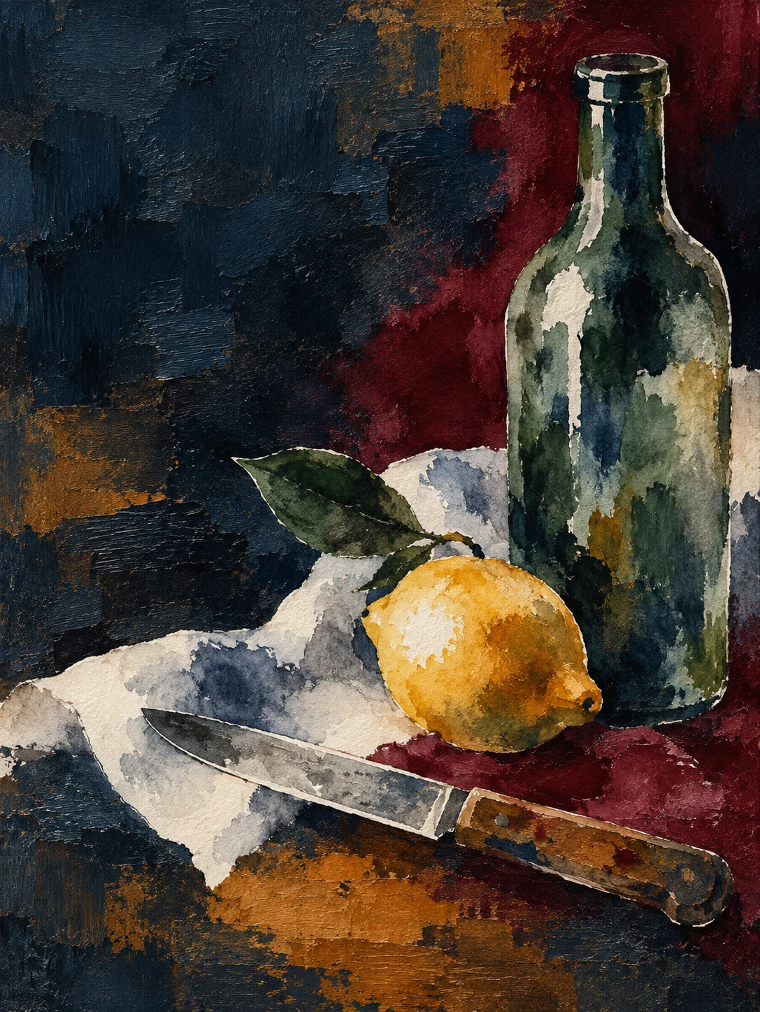 A bottle, a lemon and a knife in black, brown, sand, olive; portrait artwork.