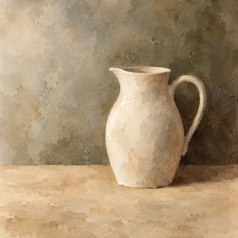 A single white jug against a shadowed wall in sand, stone, taupe, charcoal; square artwork.