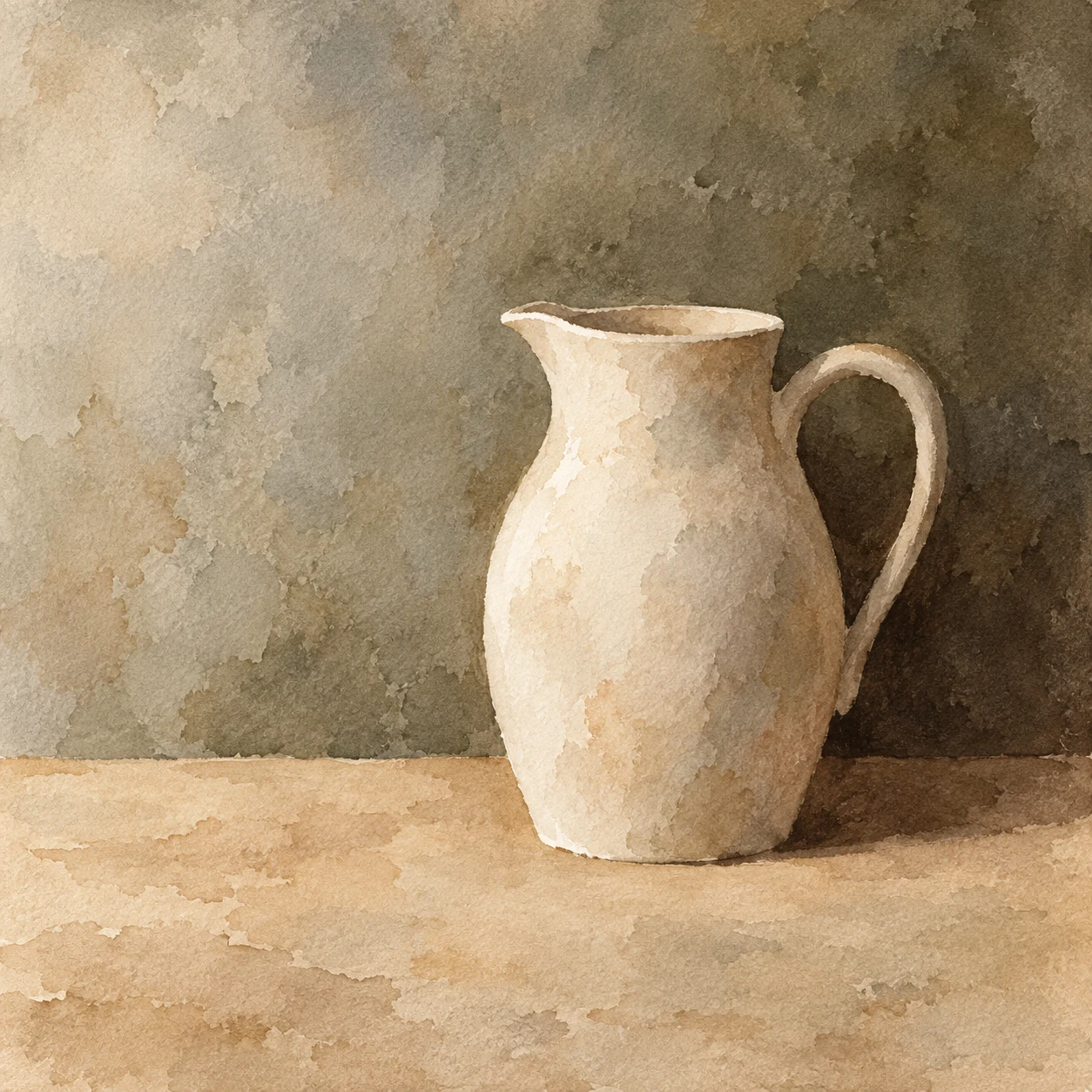A single white jug against a shadowed wall in sand, stone, taupe, charcoal; square artwork.