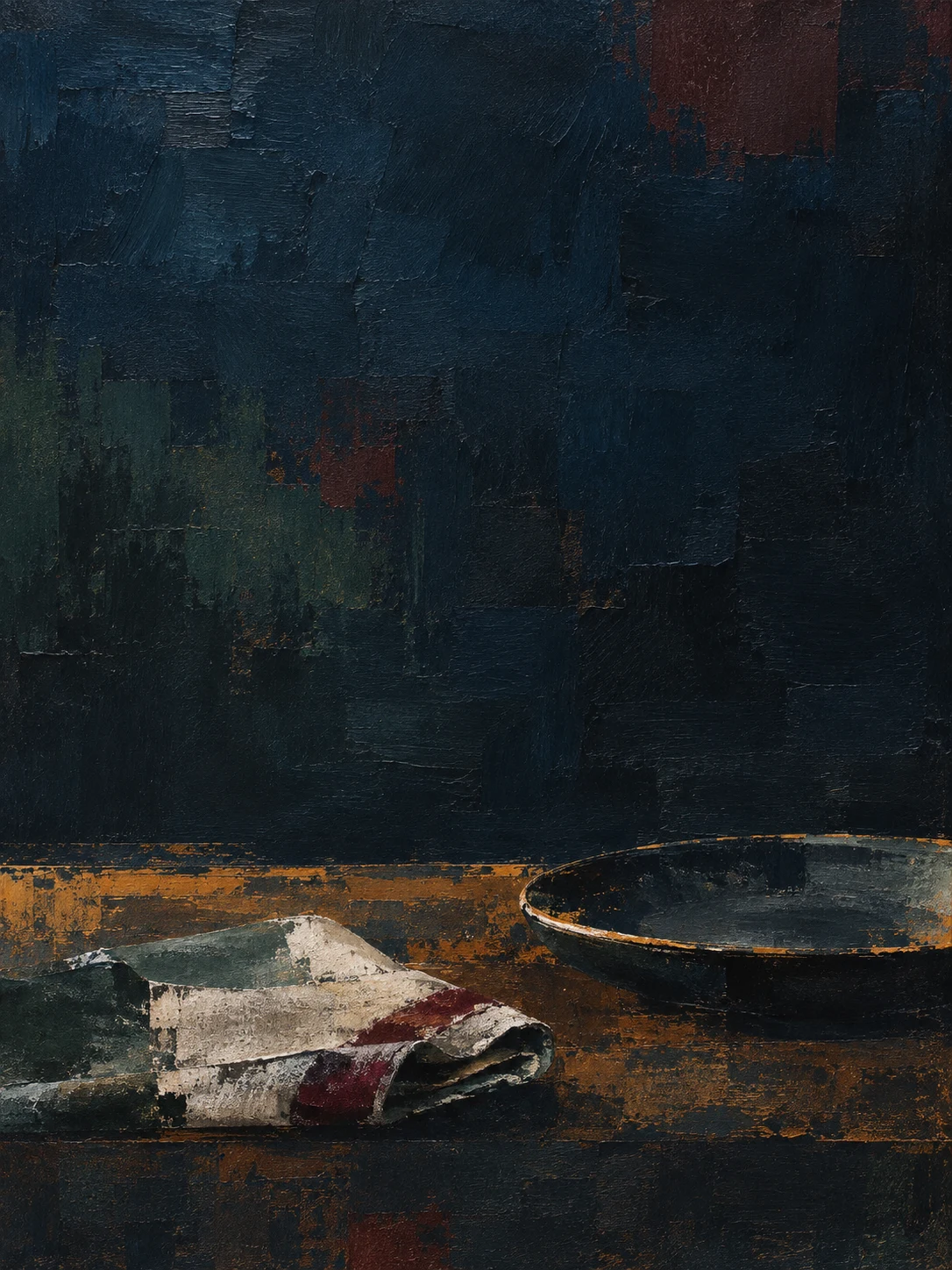 A folded linen napkin and a plate in black, brown; portrait artwork.