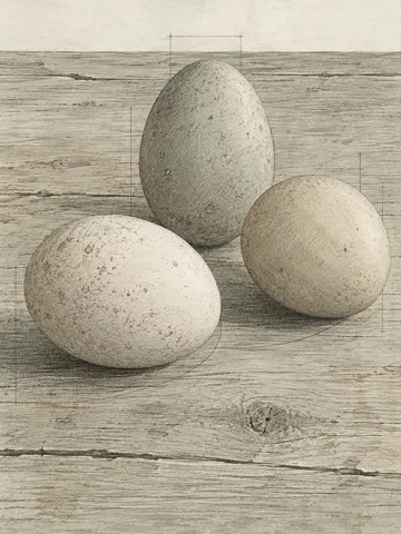 Three eggs on a wooden board in stone, sand, cream, gray; portrait artwork.