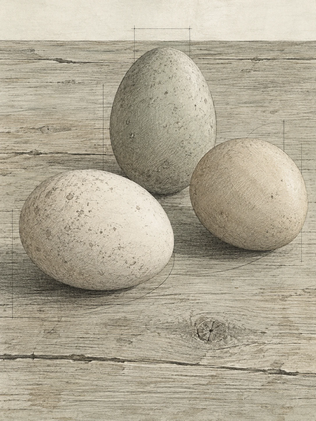 Three eggs on a wooden board in stone, sand, cream, gray; portrait artwork.