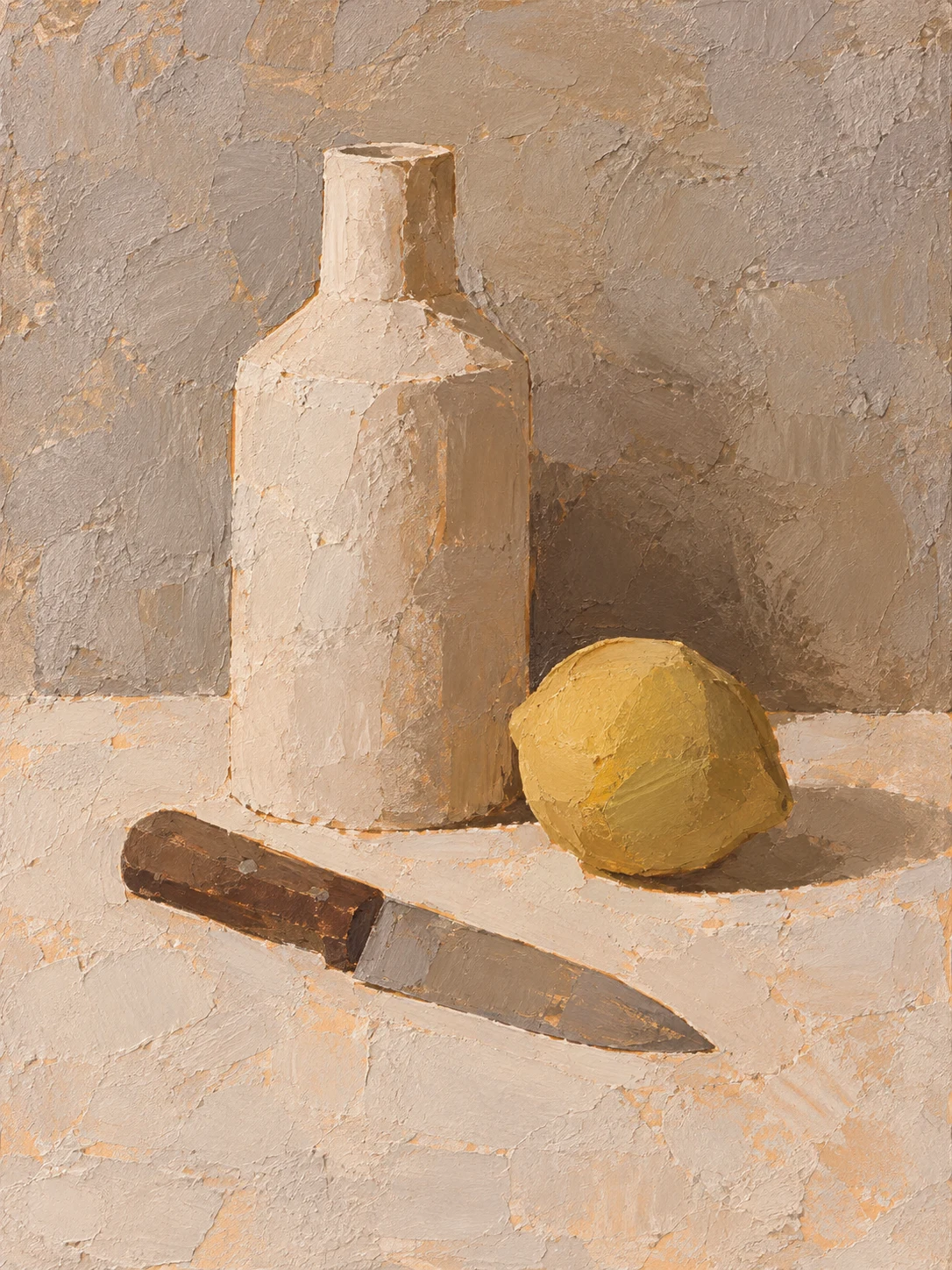 A bottle, a lemon and a knife in stone, sand, gray, taupe; portrait artwork.