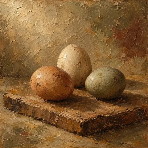Three eggs on a wooden board in ochre, brown, rust, olive; square artwork.
