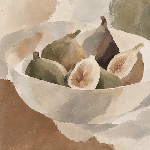 A bowl of figs in taupe, cream, stone, sand; square artwork.