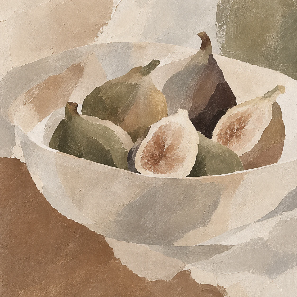 A bowl of figs in taupe, cream, stone, sand; square artwork.