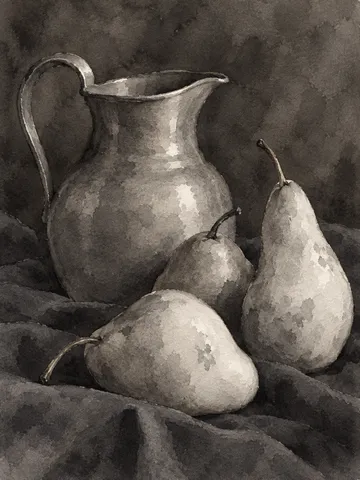 Three pears and a pewter jug on a dark cloth in charcoal, stone, taupe, black; portrait artwork.