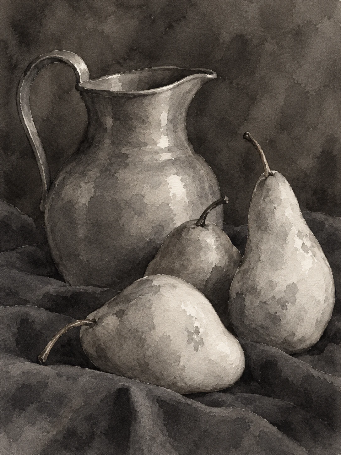 Three pears and a pewter jug on a dark cloth in charcoal, stone, taupe, black; portrait artwork.