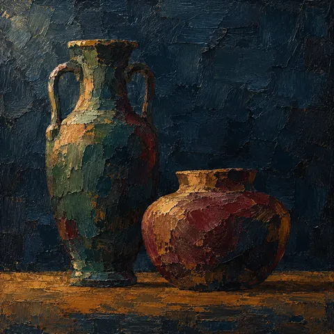 Two clay vessels, one tall one squat in black, charcoal, olive; square artwork.