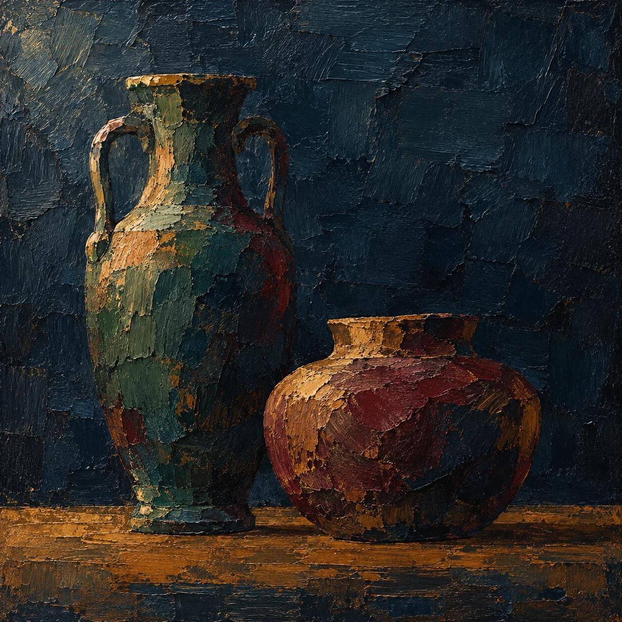 Two clay vessels, one tall one squat in black, charcoal, olive; square artwork.