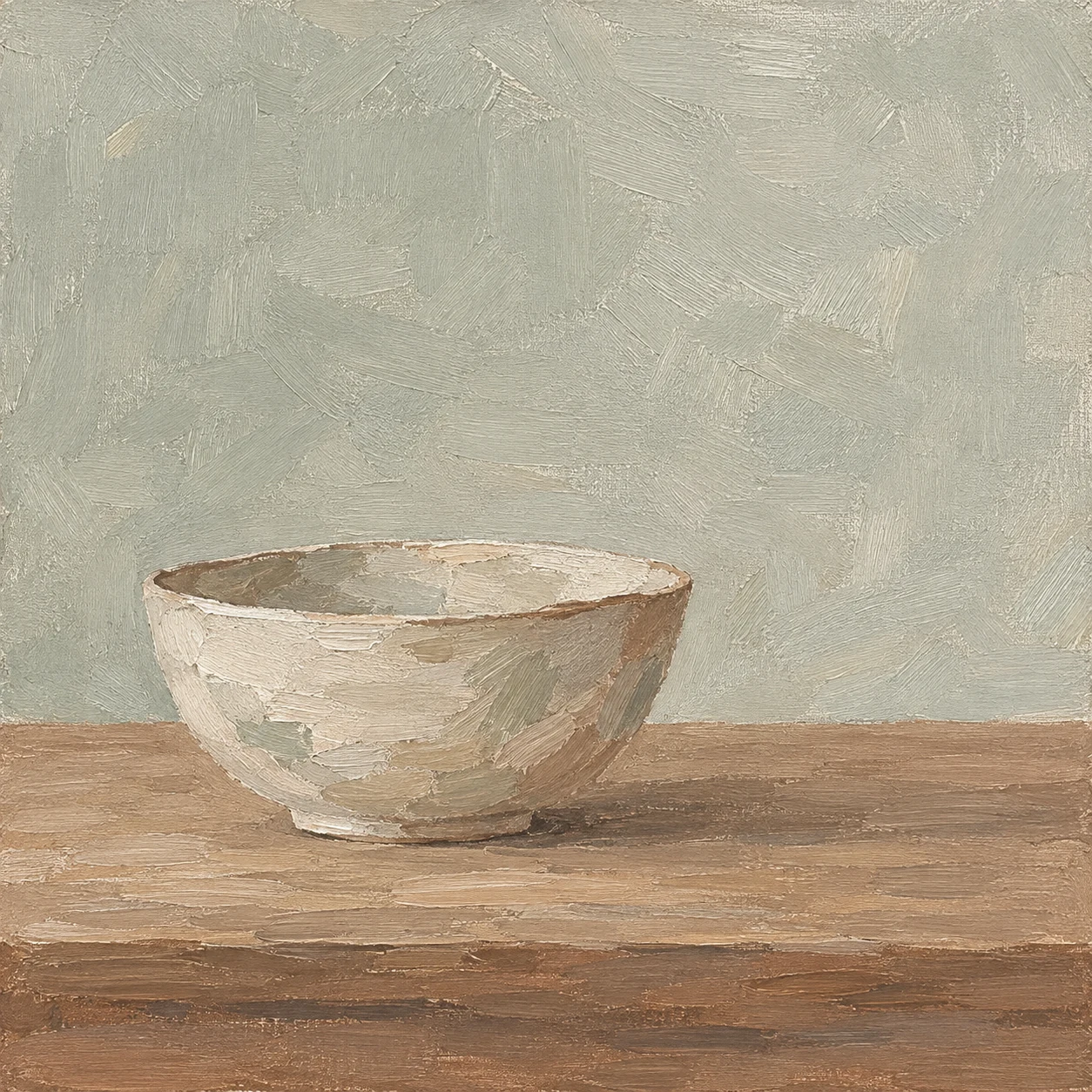 A single bowl on a plain table in stone, taupe, sand; square artwork.