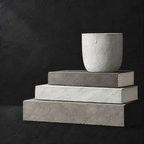 A stack of three books and a cup in black, gray, stone, charcoal; square artwork.