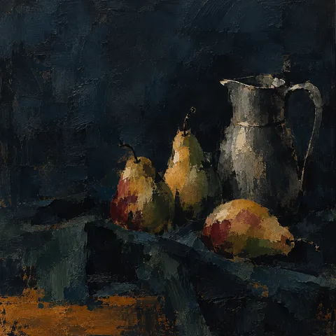 Three pears and a pewter jug on a dark cloth in black, brown; square artwork.
